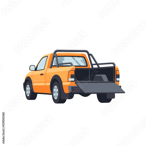 An orange pickup truck with its tailgate down, isolated on white background.