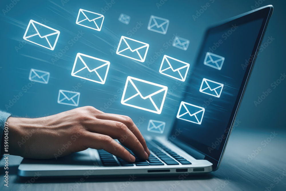 Obraz premium Hand typing on laptop with glowing email icons computer technology