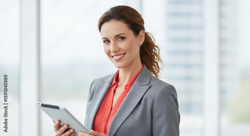Smiling woman in a grey suit holds a tablet device in front of bright office window, concept for digital workflow, business communication and corporate presentation for financial director Smiling woman in a grey suit holds a tablet device in front of bright office window, concept for digital workflow, business communication and corporate presentation for financial director