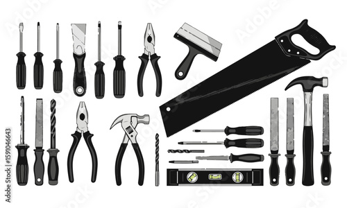 Assortment of Black and White Hand Tools
