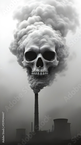 Skull emerging from a factory chimney billowing smoke, symbolizing pollution.