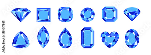 Dark blue sapphire gemstones of different shapes isolated on white background. Precious gems set. Vector cartoon flat illustration of  crystals.