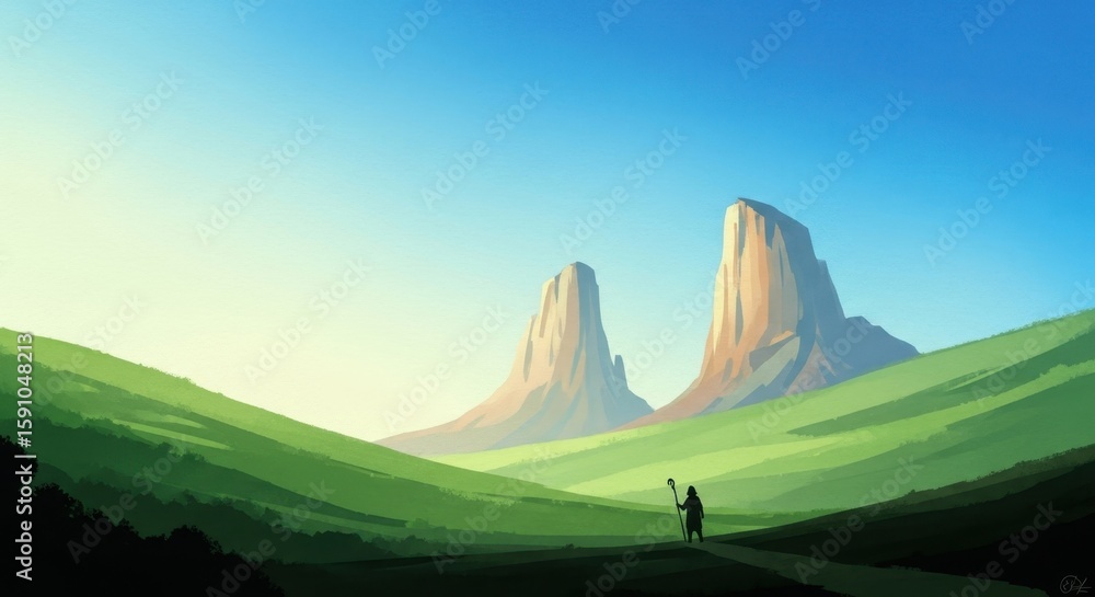 Fototapeta premium Dreamy vista featuring rolling green hills and distant rocky mountains under a bright blue sky creates a calm atmosphere.