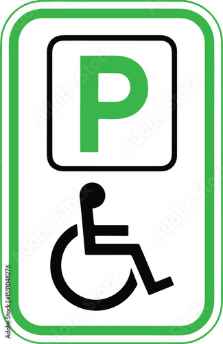 Green and white border parking sign with wheelchair symbol and letter P accessibility disabled parking