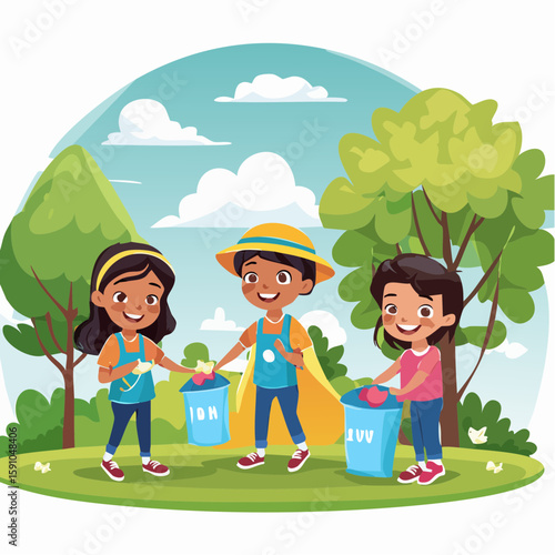 Diverse children cleaning up park for recycling