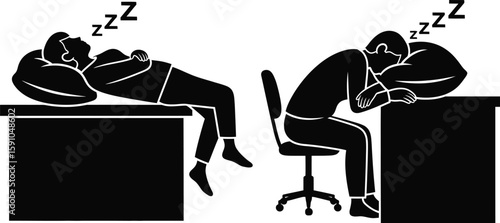 Vector art of silhouettes of people sleeping at their desks, illustrating exhaustion and the need for rest in demanding work environments