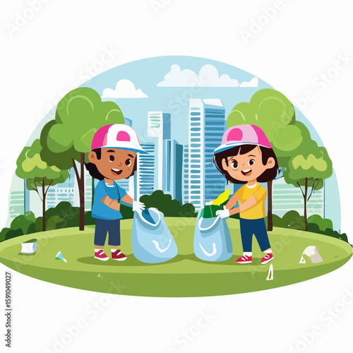 Diverse children cleaning up park for recycling