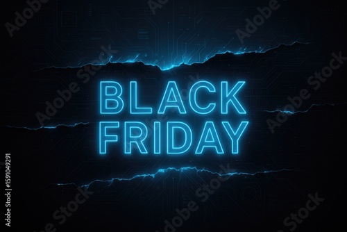 Neon blue black friday text on dark tech background lettering