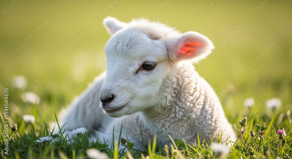 Obraz premium A cute white lamb rests peacefully in a sunlit green meadow with small white flowers.