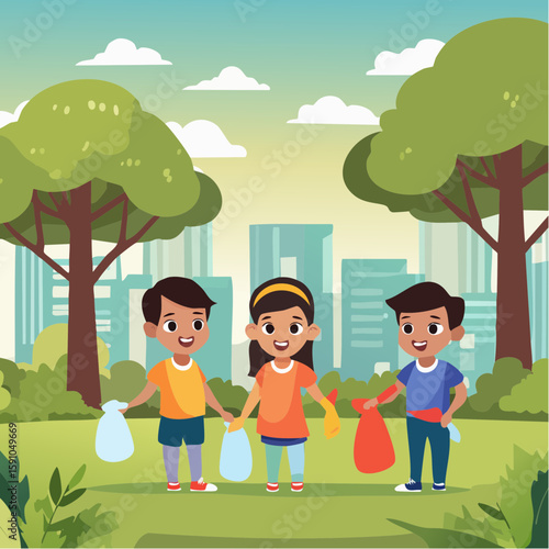 Diverse children cleaning up park for recycling