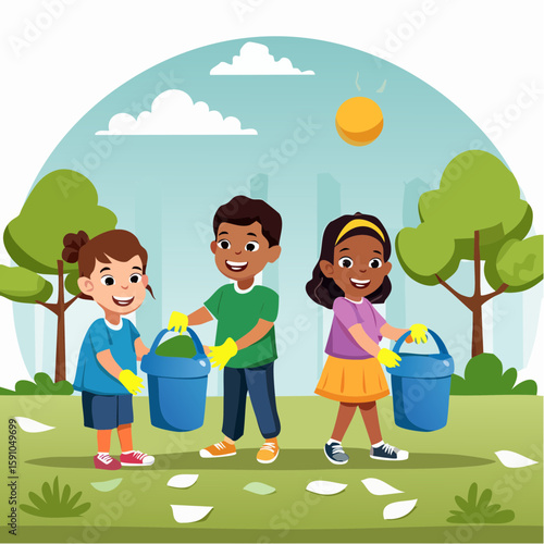 Diverse children cleaning up park for recycling
