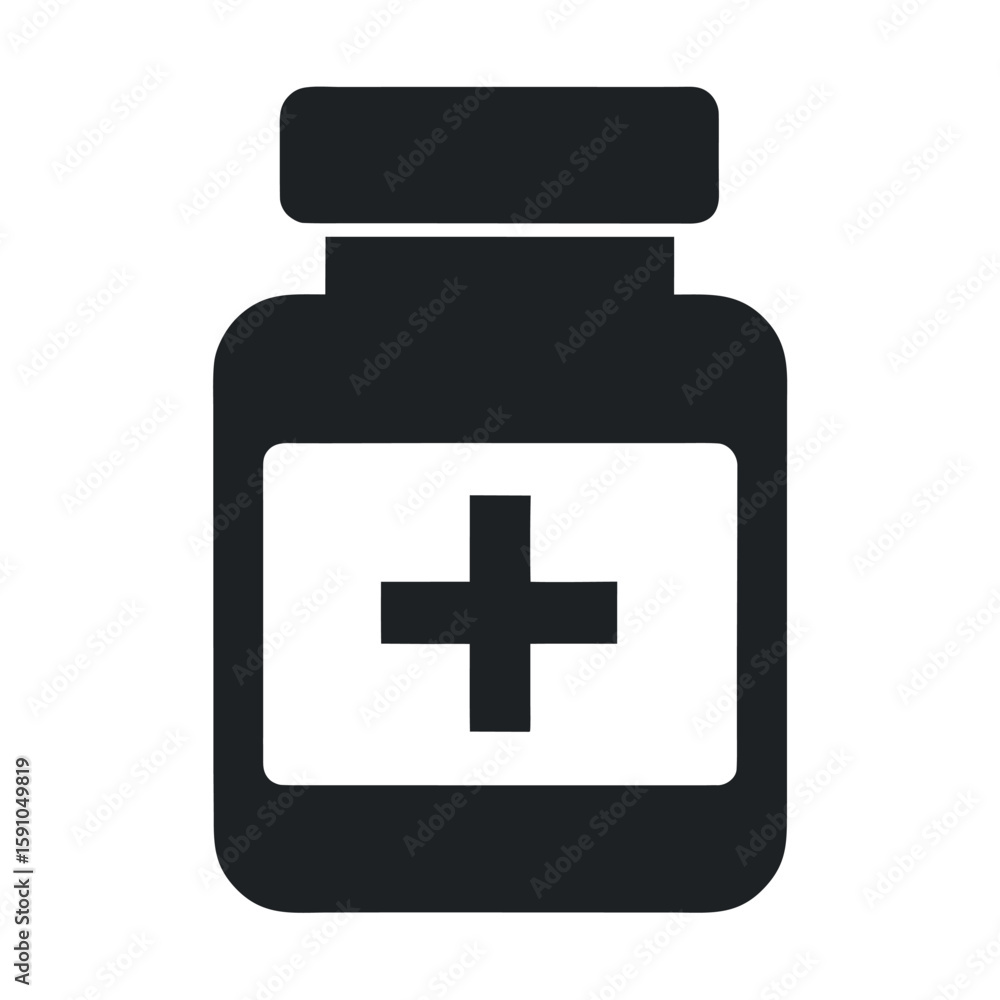 Black and White Pill Bottle Icon with Medical Cross Symbol Black and White Pill Bottle Icon with Medical Cross Symbol