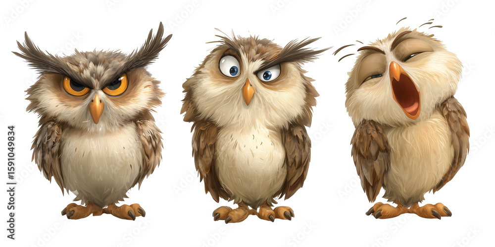 Fototapeta premium Three cartoon owls with different expressions