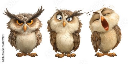 Three cartoon owls with different expressions