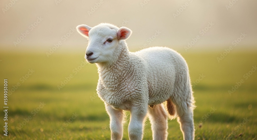 Obraz premium A young, fluffy lamb stands in a sunlit field, bathed in soft, warm light.
