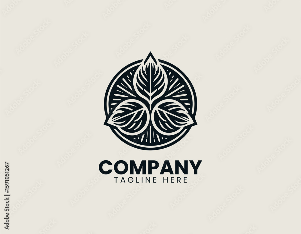 Fototapeta premium Circular emblem showcasing recycled material symbol with three leaves in a continuous cycle. Environmental concept