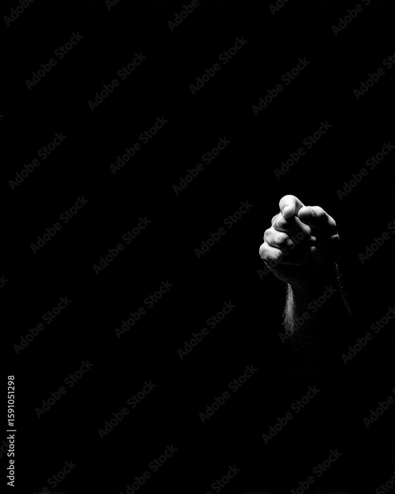 Fototapeta premium Clenched fist emerges from darkness, symbolizing strength and determination. contrast highlights hand texture and form