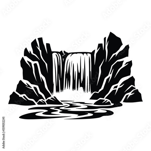 A majestic waterfall cascades down rocky cliffs, creating a serene and picturesque scene isolated on white background