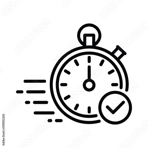 Stopwatch icon with checkmark and motion lines indicating speed and completion