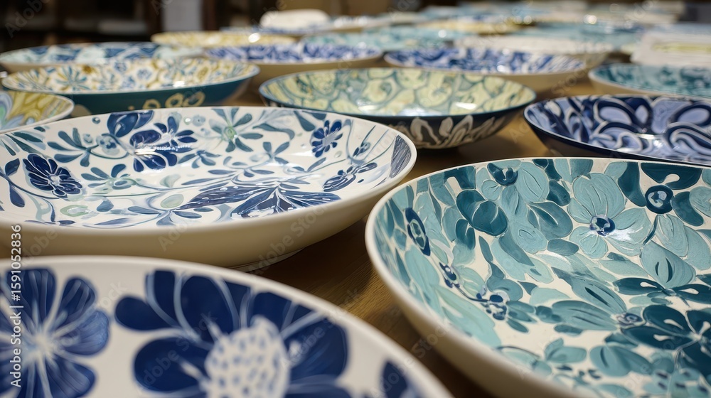 Fototapeta premium Hand-painted floral designs on a collection of oval dishes.