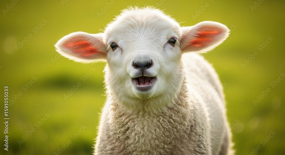 Obraz premium A close-up portrait of a fluffy lamb with open mouth, set against a blurred green background.
