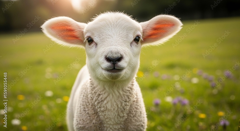 Obraz premium Adorable fluffy white lamb with large ears gazes directly at the camera in a sunlit grassy field dotted with small wildflowers.