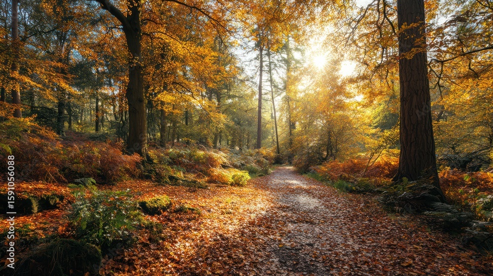 Autumn Woodland Trail Covered in Fallen Leaves with Sunlight
Autumn Woodland Trail Covered in Fallen Leaves with Sunlight