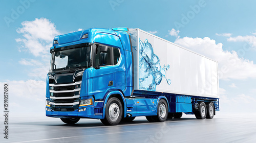 Blue hydrogen fuel cell truck is driving highway, showcasing its zero emission capabilities. vehicle features sleek design and is set against clear blue sky, symbolizing innovation