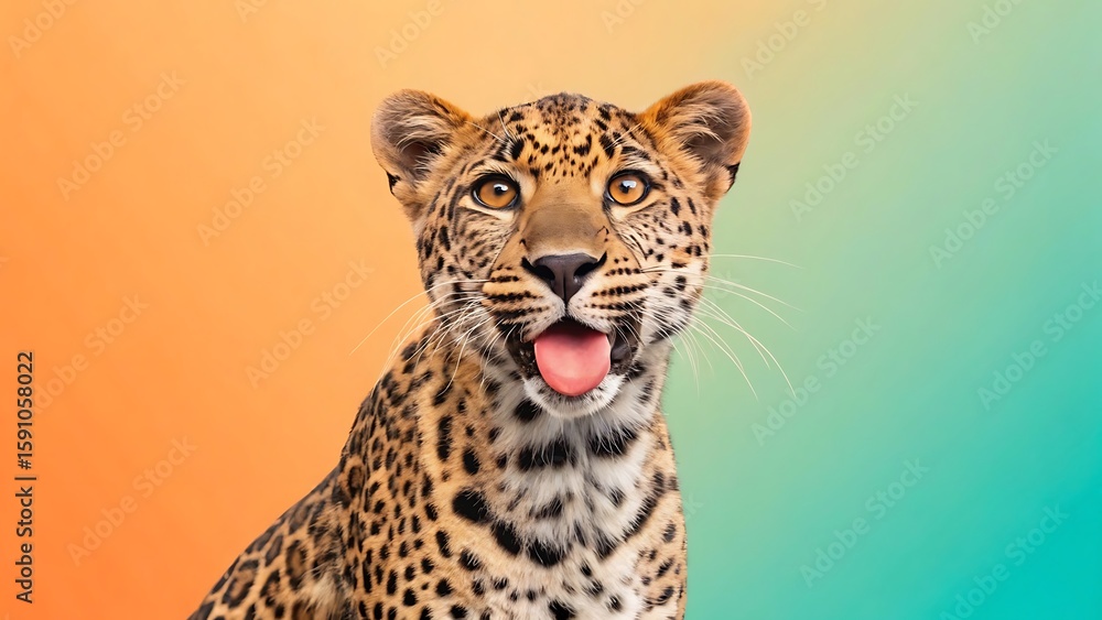 Fototapeta premium Close up portrait of a young leopard with its tongue sticking out looking directly at the camera against a soft orange and teal gradient background