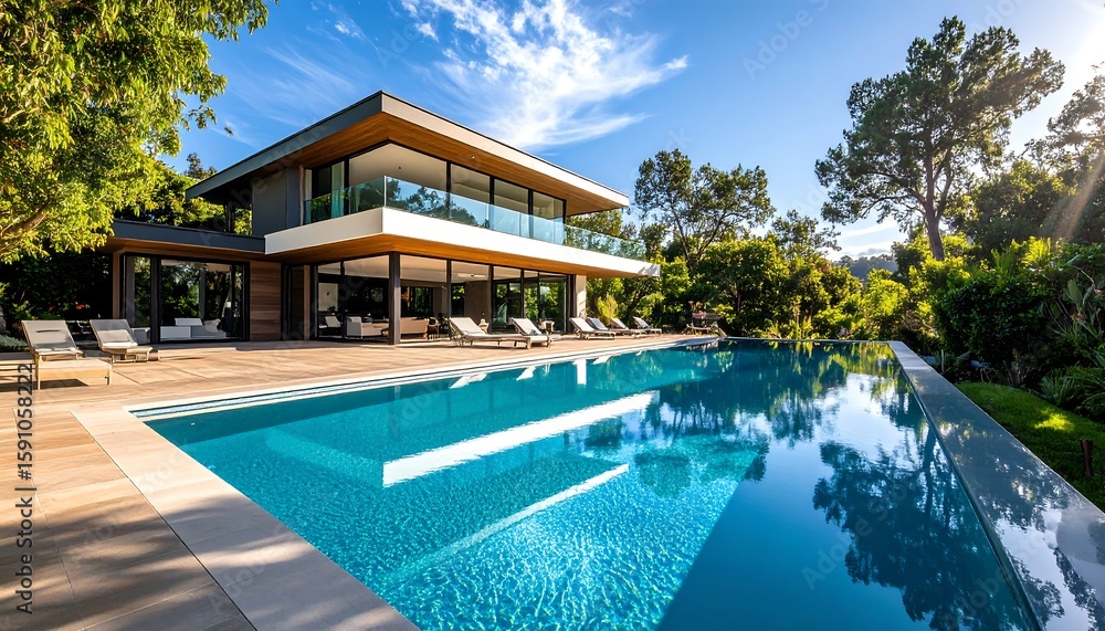 Fototapeta premium Modern luxury home with pool overlooking a landscape