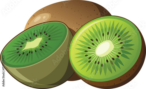 Illustration of Whole and Halved Kiwi Fruits on a White Background