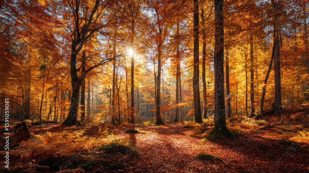 Fototapeta premium Serene Autumn Forest with Golden and Red Foliage and Sunlight