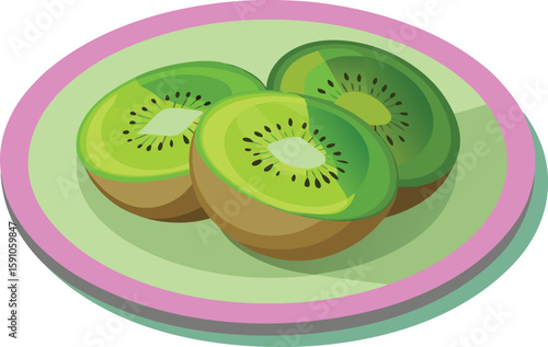Three kiwi fruit halves on a light green and pink plate