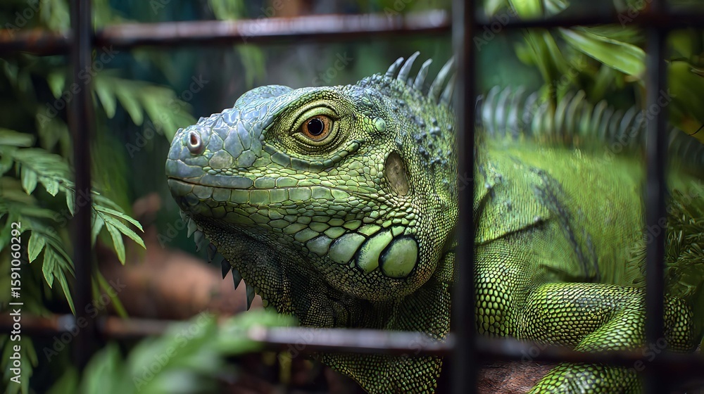 Captivating green iguana portrait behind dark bars, showcasing exotic reptilian beauty in a lush jungle environment. Captivating green iguana portrait behind dark bars, showcasing exotic reptilian beauty in a lush jungle environment.
