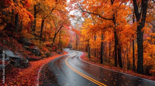 Winding road through a forest of bright orange and red trees, with fallen leaves covering the roadside -