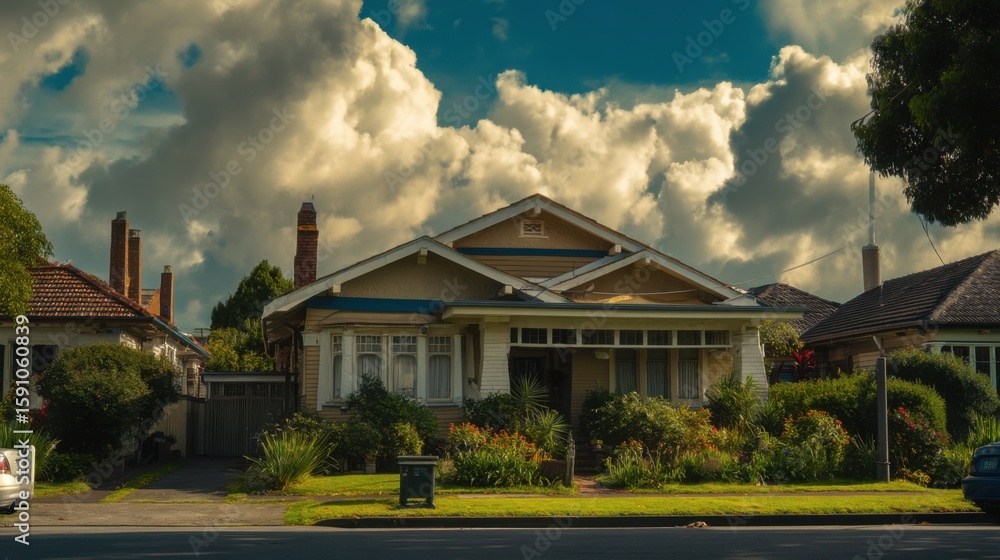 Fototapeta premium Charming single-story suburban house with light-beige exterior, white trim, blue roof accent, gabled roof, and multiple chimneys. Well-maintained front yard with green shrubs, 