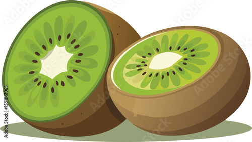Illustration of Two Halved Kiwi Fruits with Green Flesh and Black Seeds