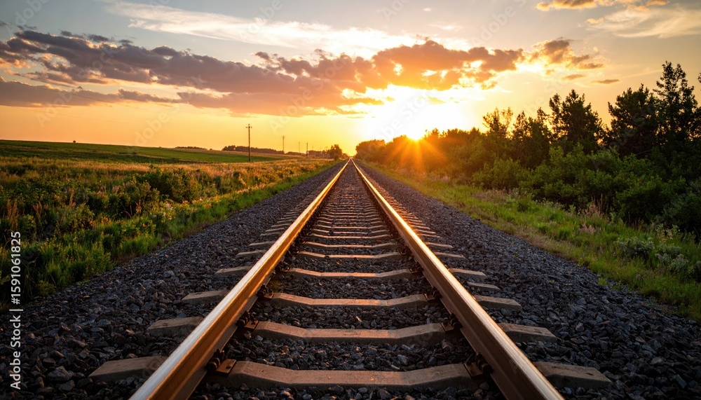 Fototapeta premium Railroad tracks leading to a golden sunset