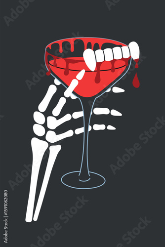 Flat cartoon vector illustration of skeleton hand holding glass with red vampire drink. Halloween party theme with Dracula teeth garnish, dripping blood effect. Spooky celebration design, bar menu