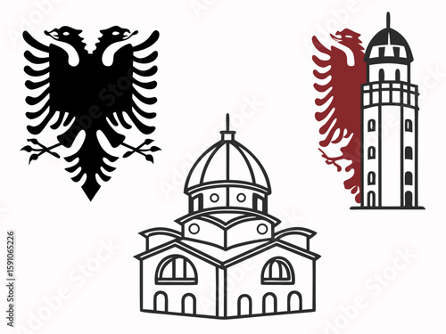 Black outline vector icons of Albania in three smoothness levels, providing simplified silhouettes for geographic or educational use
