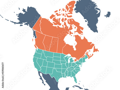 Colorful political map of North America and the Caribbean with countries and administrative divisions clearly marked, modern flat illustration style