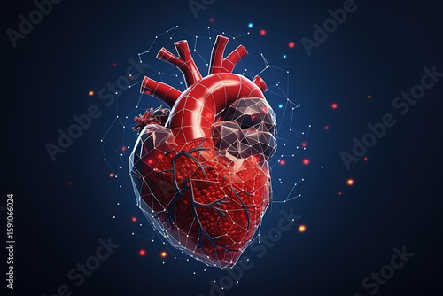 Abstract human heart with point connecting network on a blue background