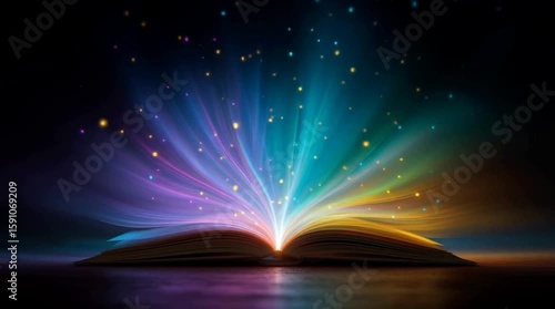 Magical book glowing with radiant colorful sparkles and light beams bursting upward in fantasy concept background representing imagination, knowledge, creativity, storytelling, and mystery