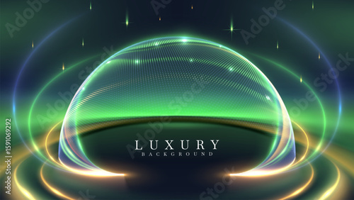 Green northern lights scene glowing in the night sky decorated with golden light particle effect and stars, luxury style background design concept.