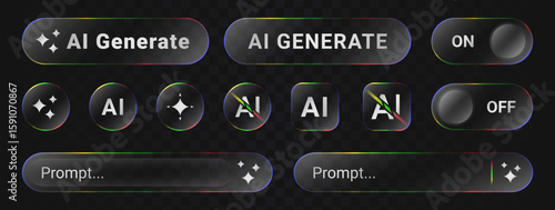 AI UI button liquid glass style. Artificial intelligence symbol transparent gradient effect for user interface. Vector