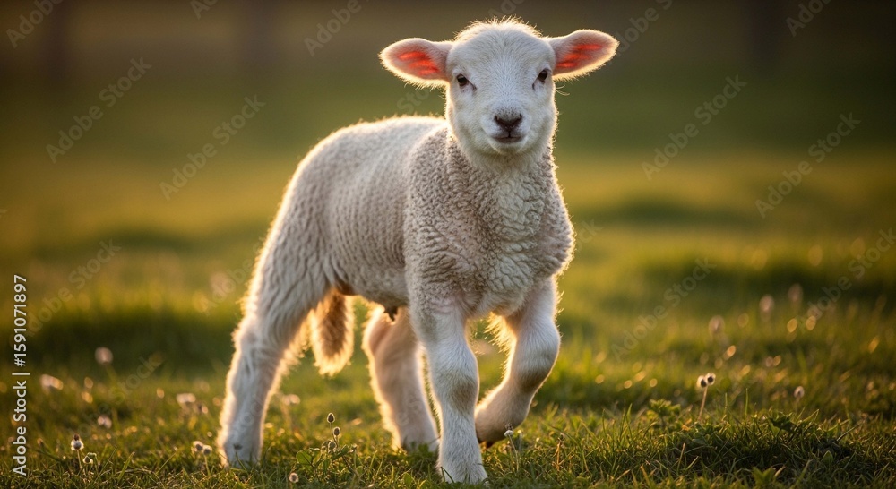 Fototapeta premium A young lamb with white wool running across a green meadow with sunlight highlighting its features.
