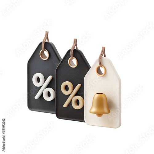 Shop sale discount offer promotion special deal price tag percentage off notification bell marketing render 