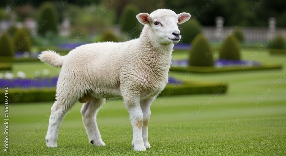 Obraz premium A young, fluffy lamb stands in a manicured garden, gazing calmly.