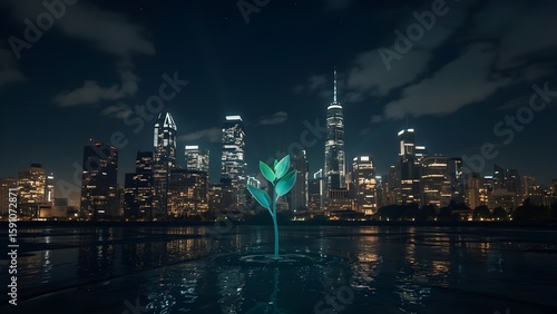 Wallpaper Mural Night city skyline with industrial buildings and skyscrapers by the water Torontodigital.ca