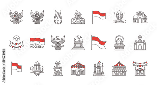 Vector Icons Set of A diverse collection of Indonesian national symbols and landmarks rendered in a clean line art style with red accents. Vector Illustrations. EPS Editable. 